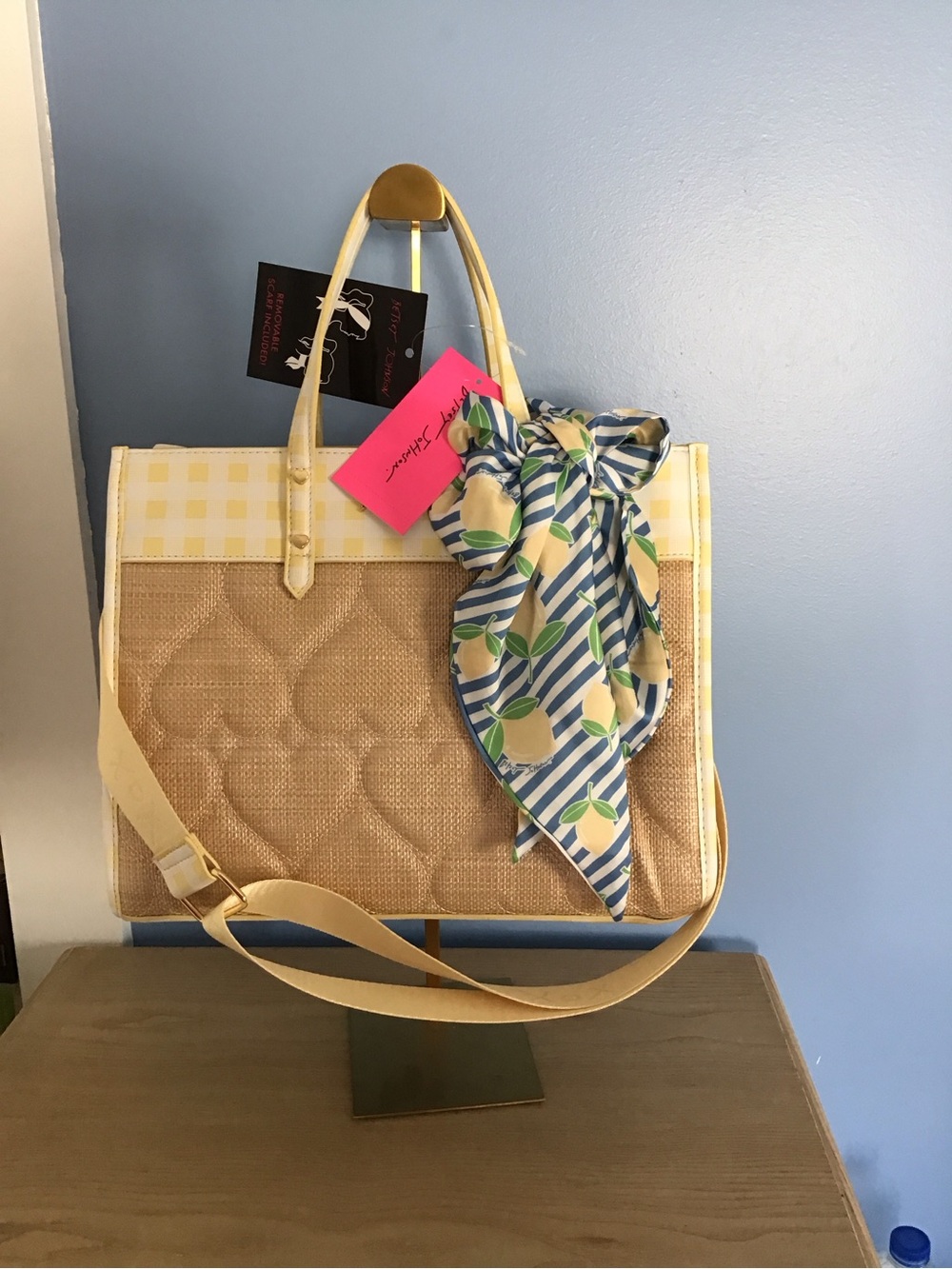 New Betsey Johnson Yellow Trim Straw Tote with Lemon Print Scarf